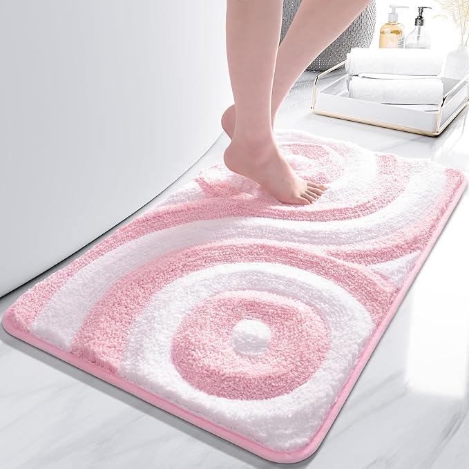 QJHOMO Pink and White Cute Bathroom Rugs Non Slip Bath Mat Modern Aesthetic Bathroom Decor, Geometric Striped Bath Rug Fluffy Floor Mats, Thick Microfiber Carpet Machine Washable (18x26 inch)