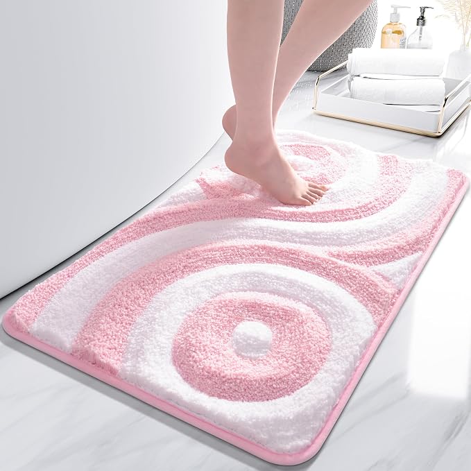 QJHOMO Pink and White Cute Bathroom Rugs Non Slip Bath Mat Modern Aesthetic Bathroom Decor, Geometric Striped Bath Rug Fluffy Floor Mats, Thick Microfiber Carpet Machine Washable (20x32 inch)