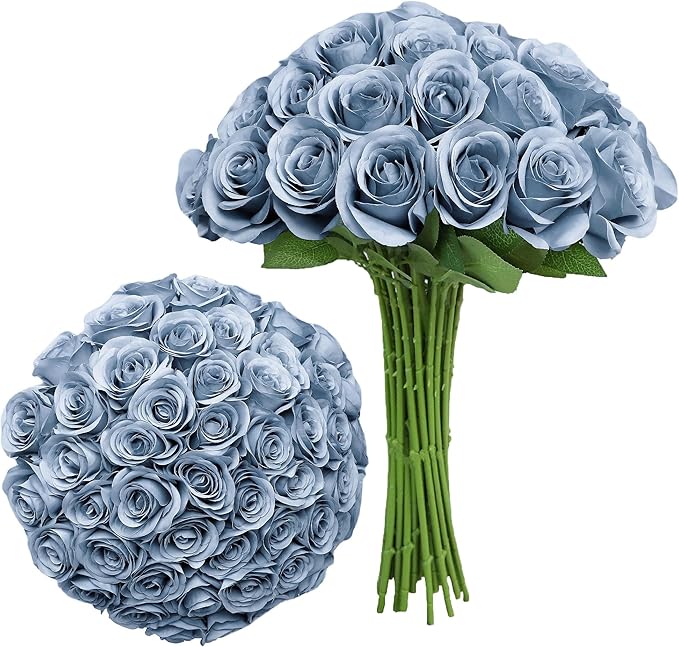 Artificial Rose Flower Artificial Flowers Flower with Long Stem Silk Roses Bouquet for Wedding Bridal Shower Party Home Decoration (Dusty Blue, 30 Pcs)