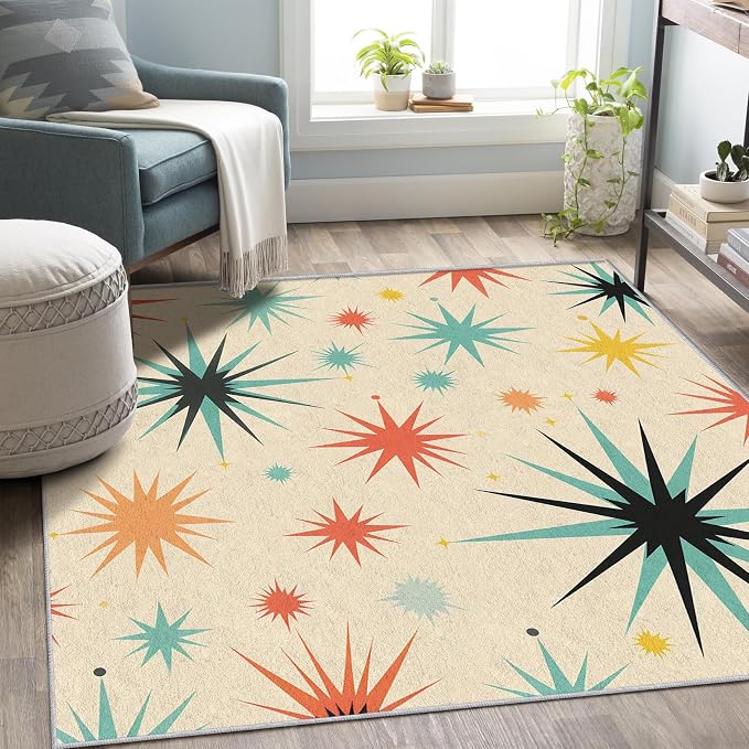 Retro Atomic Rug 6x9, Washable Mid Century Modern Rugs for Living Room Bedroom, Contemporary Geometric Area Rug for Home Decor, Non Slip Backing Floor Carpet with Gripper - 6 x 9 ft