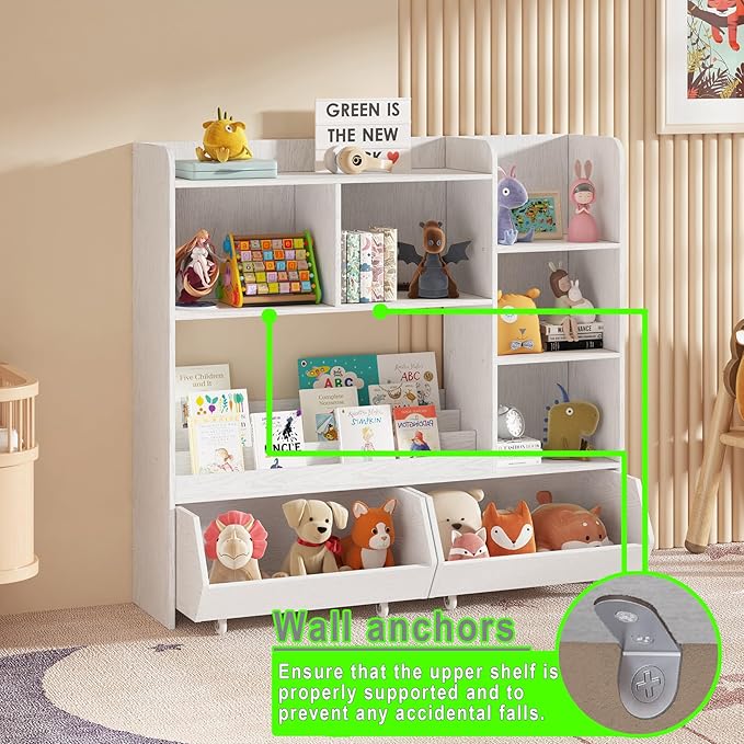 Toy Storage Organizer, Kids Bookshelf and Cabinet for Boys and Girls, Kids Bookcase and Storage Bin with Moveable Drawers for Nursery Room (White)