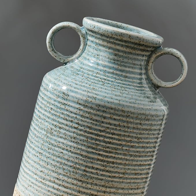 Blue and Brown Ceramic Rustic Vase with 2 Round Handles, Modern Farmhouse Flower Vase, Vintage Terracotta Vases for Home Decor, Wedding, Living Room, Table, Shelf Decor - 9.5 Inch Tall