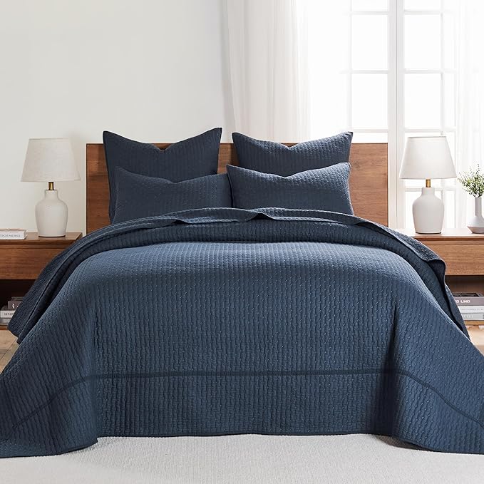 Levtex Home Cross Stitch Reversible Full Bedspread Set (100x104in) with 2 Pillow Shams (26x20in) - Stitch Texture - Navy - 100% Cotton Full Size Bedspread Set - Lightweight, Soft, Pre-Washed