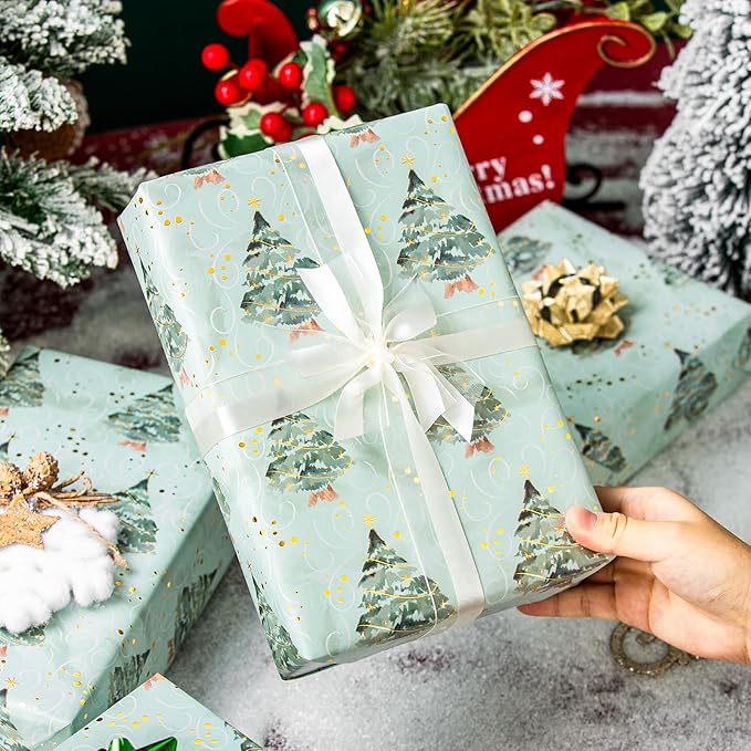 MAYPLUSS Christmas Wrapping Paper Roll, Green Tree Wrapping Paper, Watercolor Green Christmas Tree and Snowflake Gift Wrap w/Metallic Foil Shine for Holiday Gift Packaging (17 Inch X 16.5 Feet)