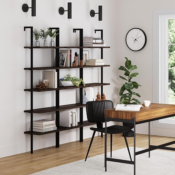 Nathan James Theo 5-Shelf Wood Modern Bookcase, Open Wall Mount Ladder Bookshelf with Industrial Metal Frame, Dark Walnut Brown/Black, Set of 3