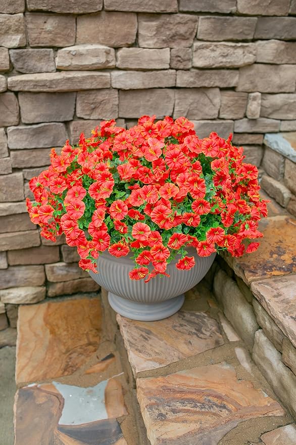 Artificial Flowers Fake Plants for Outdoors Spring Summer Decor, 12 Bundles Orange Silk Morning Glory with Eucalyptus Look Real UV Resistant Faux Flowers for Outside Planters Front Door Yard Indoor