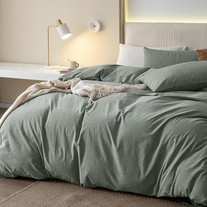JIYUAN 100% Washed Cotton Duvet Cover Set 3 Pieces Oversized King, 1 Duvet Cover 120x98 Inches(Comforter Not Included) and 2 Pillowcases,Linen Feel Bedding Set Comfy and Breathable, Heathered Green
