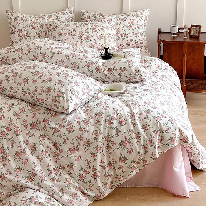 HIGHBUY Boho Floral Duvet Cover, Soft Cotton Aesthetic Pink Comforter Cover, Lightweight Soft Garden Style Bedding Set Zipper Closure Breathable (104 Inch x 90 Inch) HB03633-K