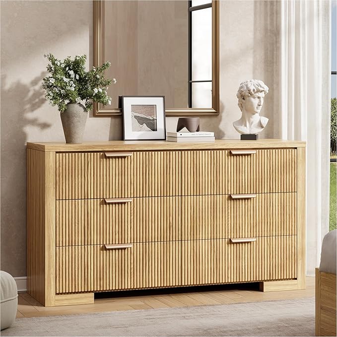 Fluted 6 Drawers Dresser for Bedroom, 54" Modern Chest of Drawers with Metal Handle, Wood Closet Clothes Storage Organizer for Living Room, Hallway, Entryway, Natural Oak