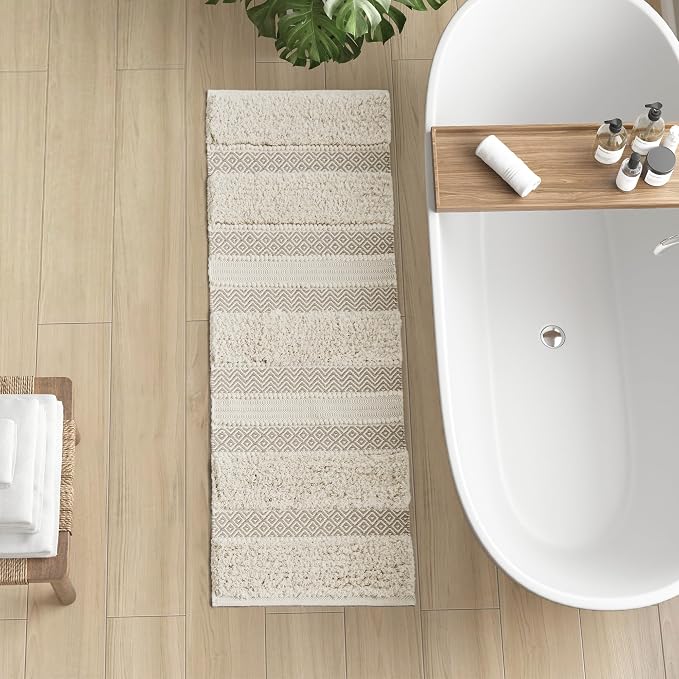 Ink+Ivy Bath Rug Hand-Woven Texture Shaggy Striped Soft & Water Absorbent, Boho Bathroom Décor Bath-Mats, Non-Slip Absorbent Quick Dry Mats for Tub, Shower Room, Asher, 22x58 Natural