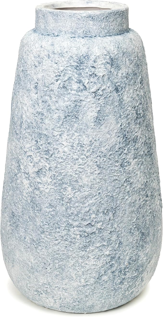 Blue Marble Effect Ceramic Vase-Textured Stone Finish Flower Holder-Modern Decorative Vase-Coastal Home Accent-Distressed Pottery-Tall Elegant Centerpiece [18" W X 8.5" H]