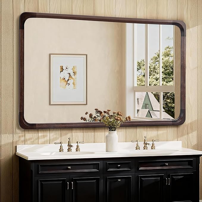 Tanmicoshomy Wood Bathroom Mirror 30 x 48 Inch, Solid Wood Framed Large Rectangle Mirrors with Tempered Glass for Living Room Bedroom Office or Entryway(Dark Brown)