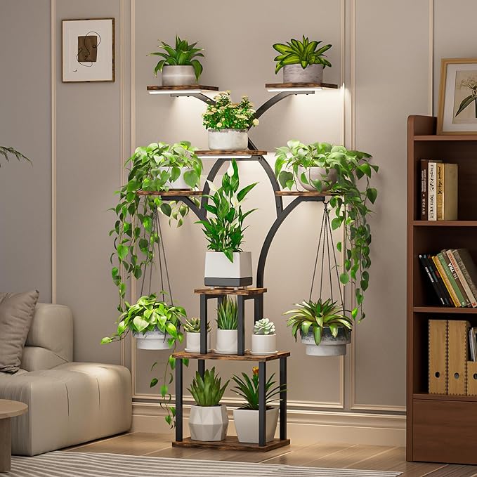 Elbourn 8 Tiered 60" Plant Stand Indoor Shelf with 3 Grow Lights (Brown) | Corner Shelf Decor