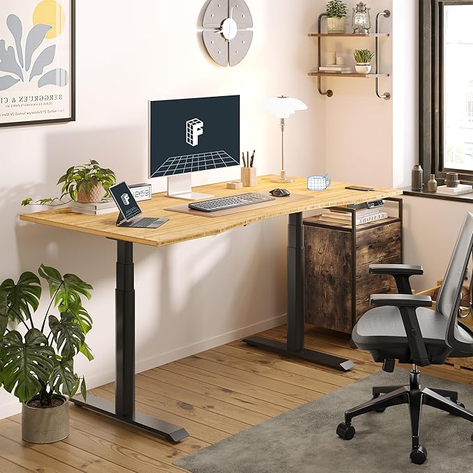 FLEXISPOT E6 Pro Oval Leg Dual Motor 3 Stages Bamboo Electric Standing Desk 48x24 Inch Whole-Piece Board Height Adjustable Electric Sit Stand Up Desk (Black Frame + Bamboo Curved Desktop)