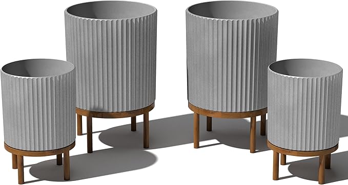 Veradek Demi Series Round Planter w/Stand for Porch/Patio | Durable Plastic-Stone Composite & Wooden Stand | Modern Décor for Tall Plants, Flowers