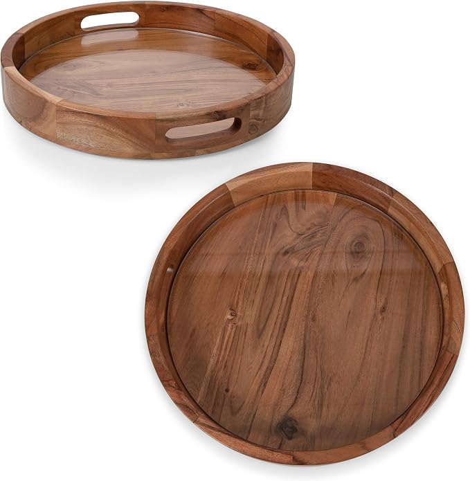 PICNIC TIME Barista Serving Tray with Glass Insert, Round Acacia Wood Cheese Board, Serving Platter with Handles, (Acacia Wood)