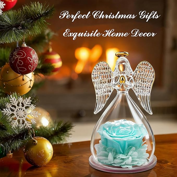 Sunia Preserved Flower Rose Gift for Women - Mother's Day Birthday Gifts for Mom Wife Grandma, Glass Angel Figurines Forever Real Roses Gifts for Her Valentine Day Thanksgiving﻿ (Sparklinga quamarine)