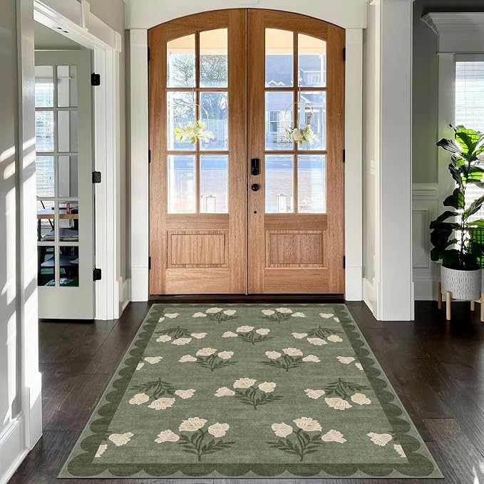 4x6 Covered Outdoor Patio Rug - Green Washable Front Porch Entry Rug Non-Slip Door Mat Indoor Outside Entrance Vintage Floral Scalloped Area Rug for Living Room Entryway Backyard Porch Decor