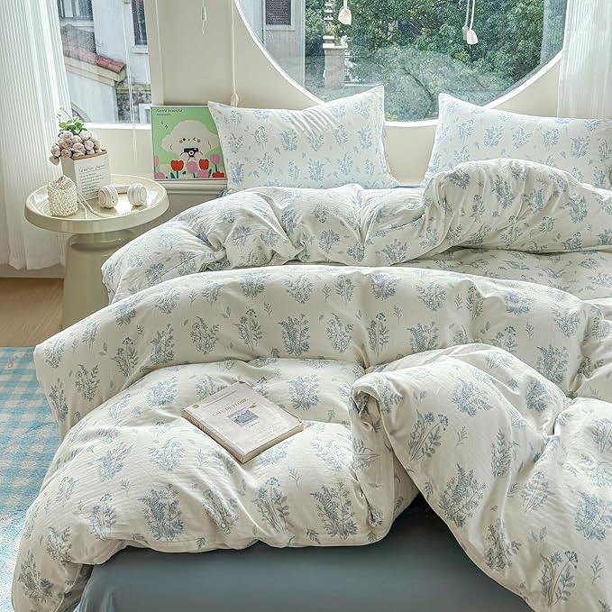 LifeTB Muslin Duvet Cover Set Twin Vintage Botanical Floral Duvet Cover 100% Cotton Linen Feel Flower Bedding Set Super Soft Gauze Comforter Cover Breathable Lightweight Cottagecore Bedding Set