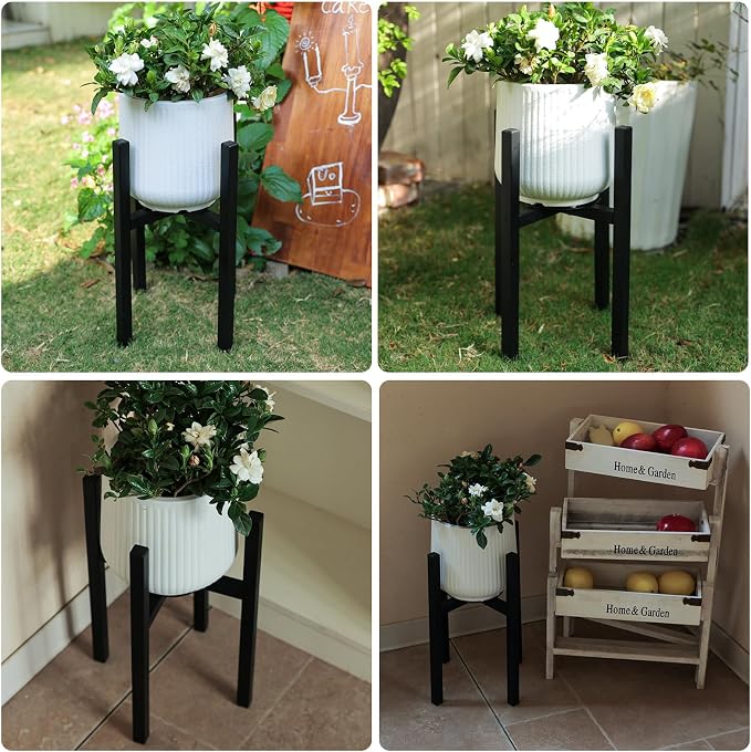Adjustable Metal Plant Stand Indoor, Fits 9-15 Inch Pots, Mid Century Modern Planter Holder,2 Heights, Heavy Duty 160 lb, Indoor Outdoor Corner Floor Pot Stand, Black with Round Plate