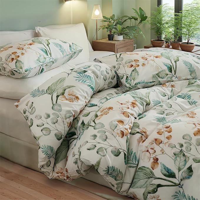 100% Cotton Duvet Cover Queen Size – Eucalyptus Botanical Print Green Floral Duvet Cover Set, 3-Piece Soft Breathable Natural Premium Cotton Bedding Set for All Seasons