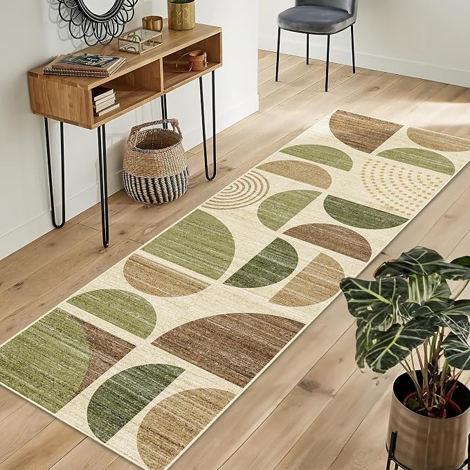MUJOO Runner Rug Washable,2x6 Area Rugs for Hallways Kitchen Bathroom Bedroom Entryway,Non Slip Carpet Long Mat Indoor,Boho Soft Modern Abstract Vintage Green and Brown