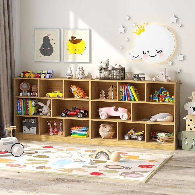 Costzon 3-Shelf Bookcase for Kids, Wooden Toy Storage Organizer for Books Toys, 8-Section Freestanding Classroom Daycare Montessori Bookshelf for Preschool, Home Playroom & Kindergarten (Burlywood)