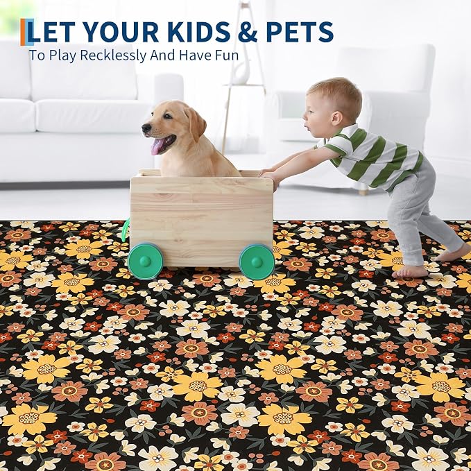Washable 10x13 Modern Floral Area Rug for Living Room Low Pile Soft Bedroom Rugs Non Slip Abstract Floral Large Carpet Thin Foldable Modern Indoor Carpet for Playroom Open Living Room, Black