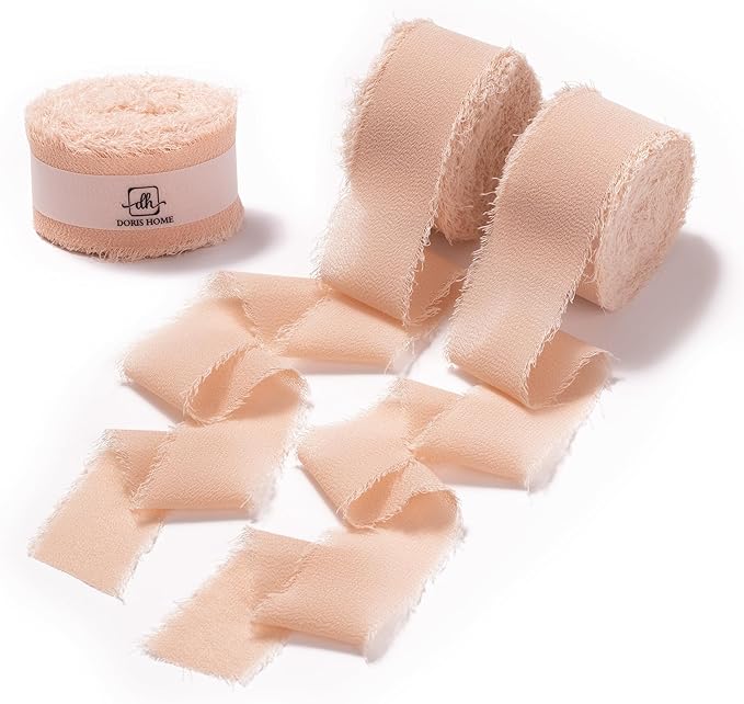 DORIS HOME Nude Pink Chiffon Ribbon for Flower Bouquet, 1" x21Yd Fabric Ribbon for Gift Wrapping, Handmade Frayed Ribbon for Wedding Invitations/Christmas Decorations