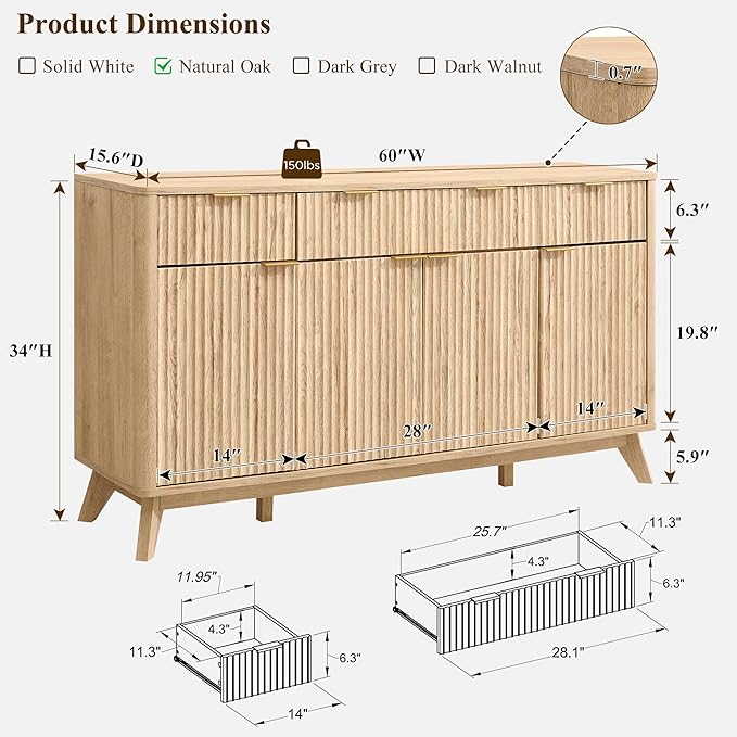 T4TREAM Large Buffet Sideboard Cabinet with Storages, 60" Fluted Modern Buffet Table Coffee Bar Wine Bar Storage Cabinet with 3 Drawers & 4 Doors for Dining Room, Living Room, Hallway(Natural Oak)