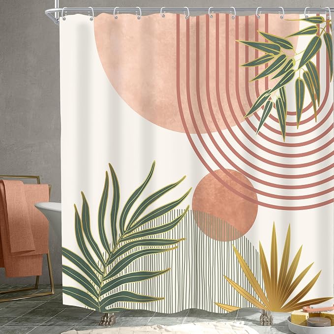 KOMLLEX Mid Century Pink Green Boho Shower Curtain 72Wx72L Inches Abstract Modern Shower Curtains for Bathroom Orange Gold Botanical Minimalist Arch Sun Fabric Liner Waterproof Polyester 12 Pack Hooks