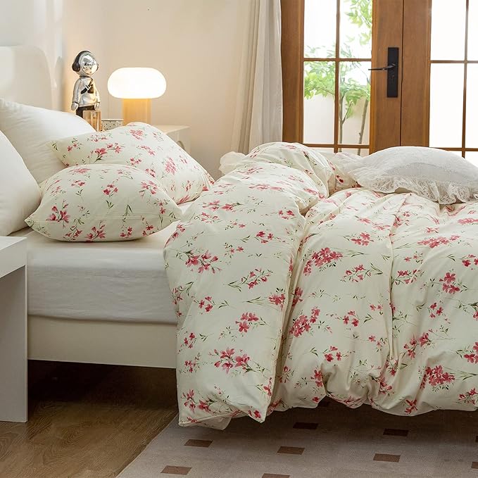Floral Comforter Set Full Soft Bedding Set 3 Pieces Garden Style Red Flower Print Botanical Flowers Comforter for All Seasons 1 Comforter and 2 Pillowcases (Floral, Full)