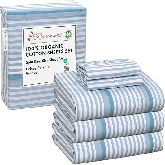 RUVANTI 100% Organic Cotton Sheets Split King, Percale Weave, GOTS Certified, 5-Piece Set, Deep Pocket 15", Crisp & Breathable, Soft Durable Bedding, Sábanas Algodón Orgánico – Nautical Stripes