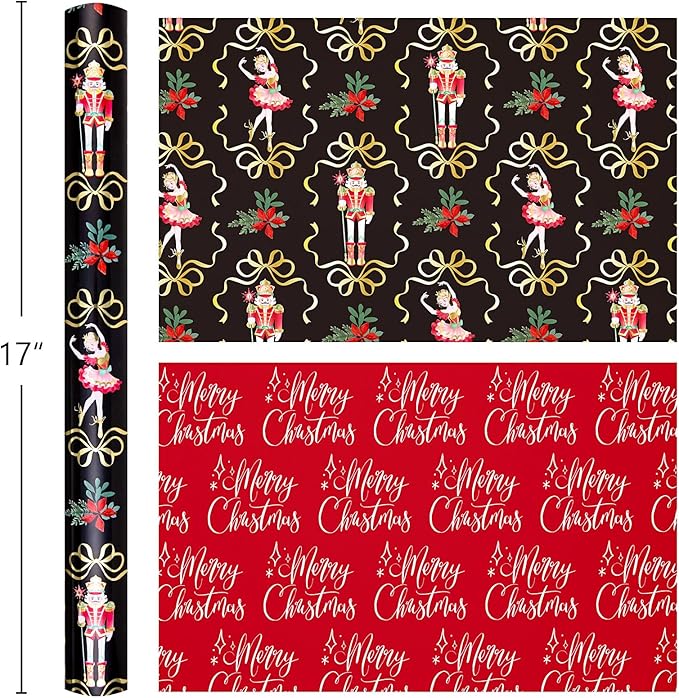 MAYPLUSS Christmas Nutcracker Wrapping Paper - 17 Inch X 33 Feet - Metallic Christmas Gift Wrapping Paper Flower Cute Bow Ballet Reversible Red for Holiday Party New Year Kids