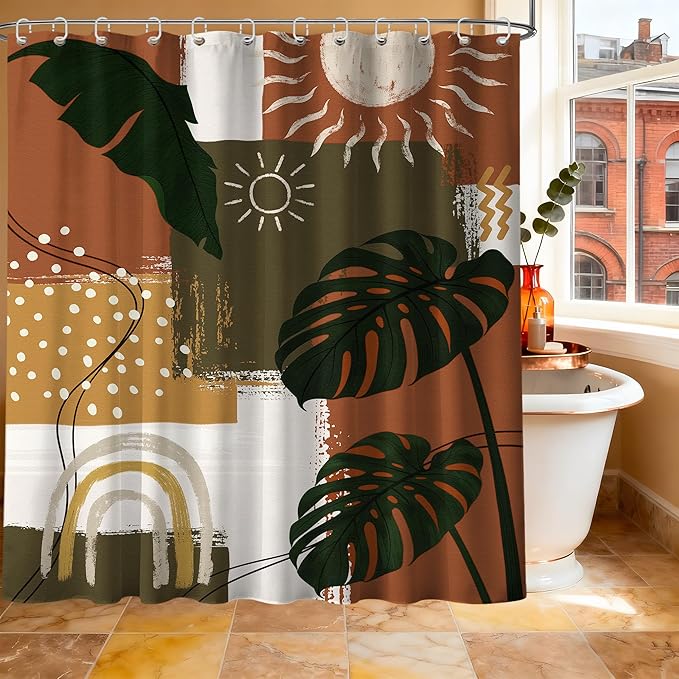 Extra Long Shower Curtain 96 Inchs Extra Tall Mid Century Modern XL Abstract Tropical Shower Curtains for Large Bathroom Decor Sets, Waterproof Cloth Fabric with Hooks, 70 x 96 Inch