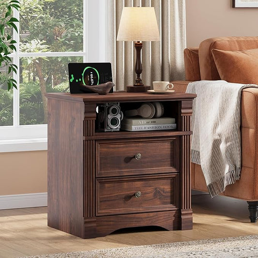 Walnut Nightstand with Charging Station, Farmhouse End Table with 2 Drawers and Storage Shelf, Wooden Bedside Table with Metal Handles, Vintage Design, Organizer for Bedroom, Hallway