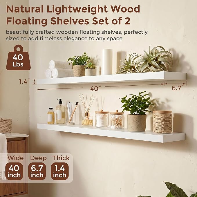 fuqing 40 Inch Floating Shelves | 6.7 Inch Deep White Shelves for Wall Set of 2 | 40''W x 6.7''D x 1.4''H White Wood Shelves for Living Room Bathroom Bedroom Kitchen Home Office
