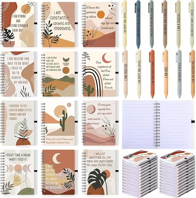 Kosiz 24 Pcs/12 Set Positive Affirmation Gifts Gratitude Spiral Notebooks with Pens Motivational Encouragement Notepads Daily Affirmations Journal for Women Valentine Galentine Gifts (Boho)