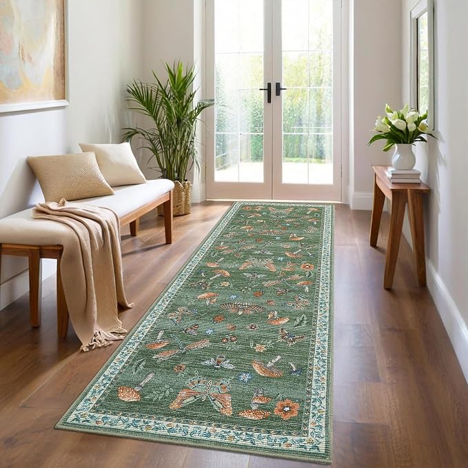 Washable 2x6 Vintage Runners for Hallway Entryway Retro Distressed Kitchen Carpet Runner Low Pile Soft Bedside Boho Carpet Non Slip Bath Rug Non Shed Thin Floral Accent Carpets, Green