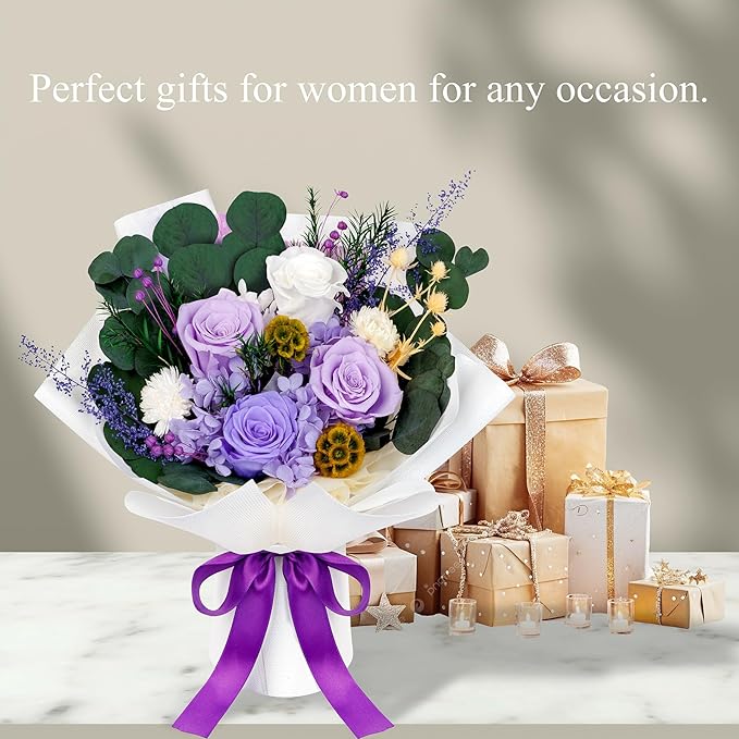 Perfectione Roses 4 Roses Mixed Bouquet for Mother's Day, Flowers for Delivery, Preserved Flowers Birthday Gift for Women Mom Wife Grandma Her, Light Purple