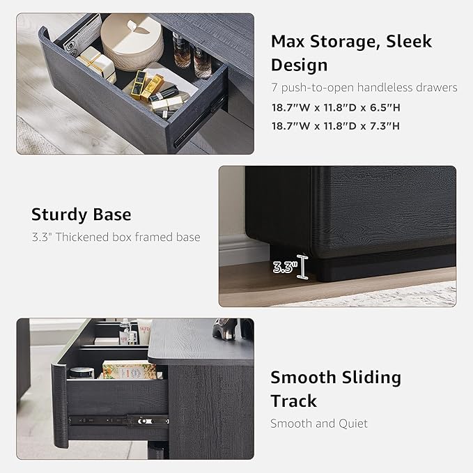JXQTLINGMU 7 Drawer Dresser for Bedroom, Modern Push-to-Open Chest of Drawers, Large Wood Storage w/Curved Profile & Handleless Design, 52" Wide Dresser TV Stand for Bedroom, Living Room, Black