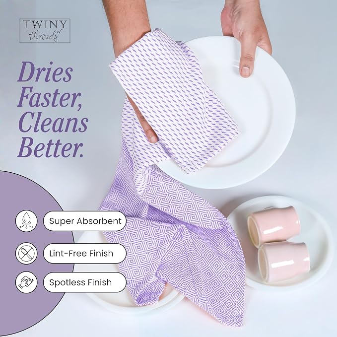 TWINY threads Kitchen Towel Diamond Pattern, Premium Large Kitchen Linen Set, 100% Cotton Wash Rags, Absorbent Quick Drying Cloths, Washable Reusable Multi Purpose, Set of 4, 18x26 Inches, Lavender