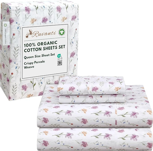 RUVANTI 100% Organic Cotton Sheets Queen Size, Percale Weave, GOTS Certified, 4-Piece Set, Deep Pocket 15", Crisp & Breathable, Soft Durable Bedding, Sábanas Algodón Orgánico – Obsessed Stems