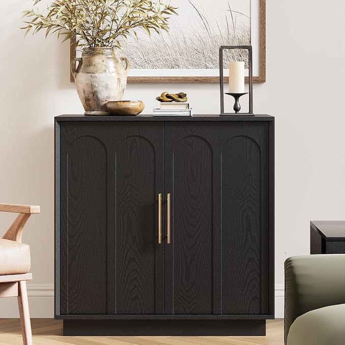FORTUNETEC Sideboard Buffet Cabinet with Storage Set of 3, Mid Century Modern Accent Cabinet with Arched Doors, Modular Media Console, Credenza for Living Room Kitchen Dining Room Entryway, Black