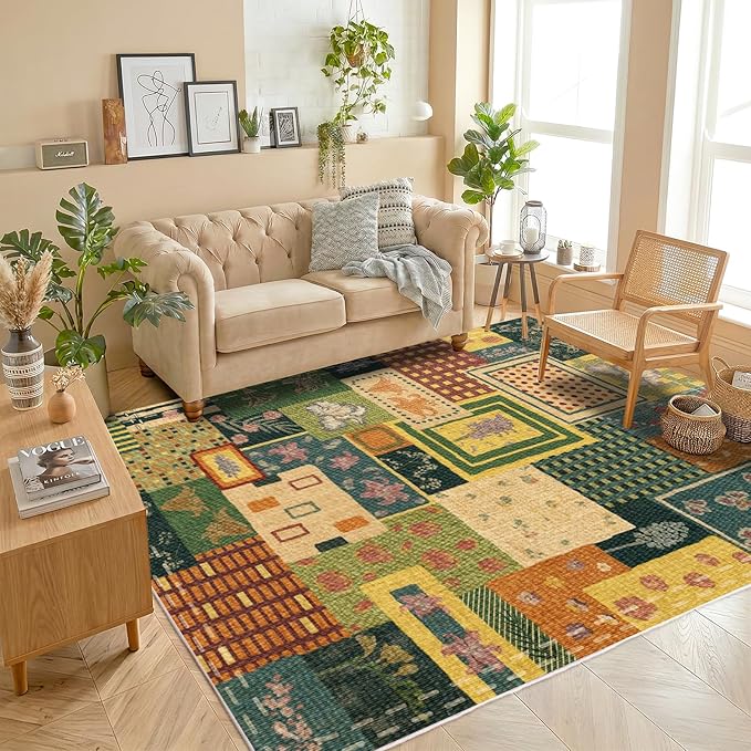 Patchwork Floral Area Rugs for Living Room, Washable 4x6 Abstract Green Soft Rug for Bedroom, Upgraded Non-Slip Durable Throw Carpet, Aesthetic Indoor Rug for Dining Room Office Home Hardwood Floor