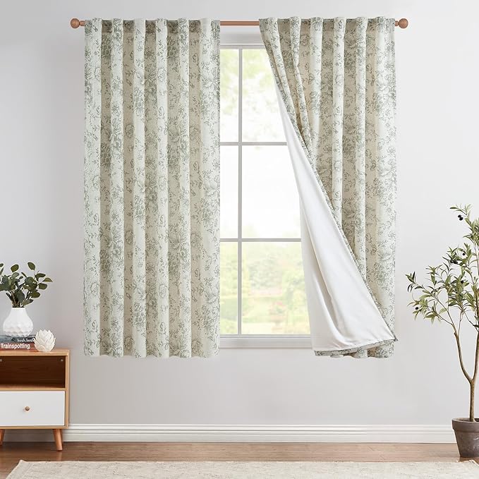 jinchan Lined Linen Blend Curtain Floral Curtains for Living Room 63 Inch Length Christmas Green Peony Flower Printed Curtain Back Tab Farmhouse Patterned Drapes Bedroom Curtains Set 2 Panels