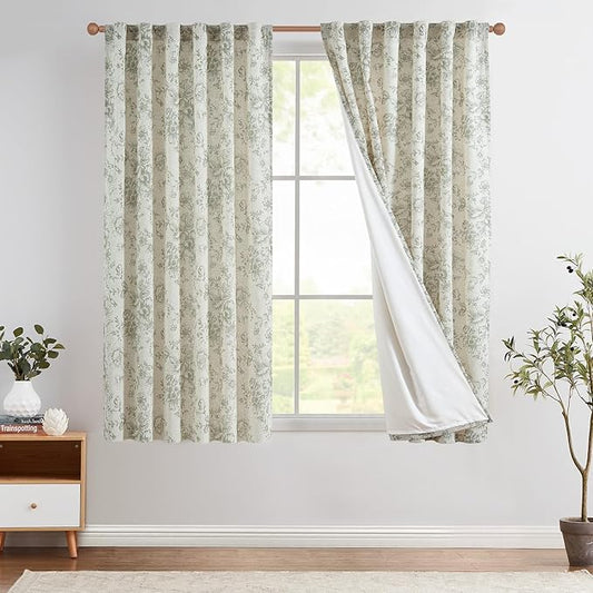 jinchan Lined Linen Blend Curtain Floral Curtains for Living Room 63 Inch Length Christmas Green Peony Flower Printed Curtain Back Tab Farmhouse Patterned Drapes Bedroom Curtains Set 2 Panels