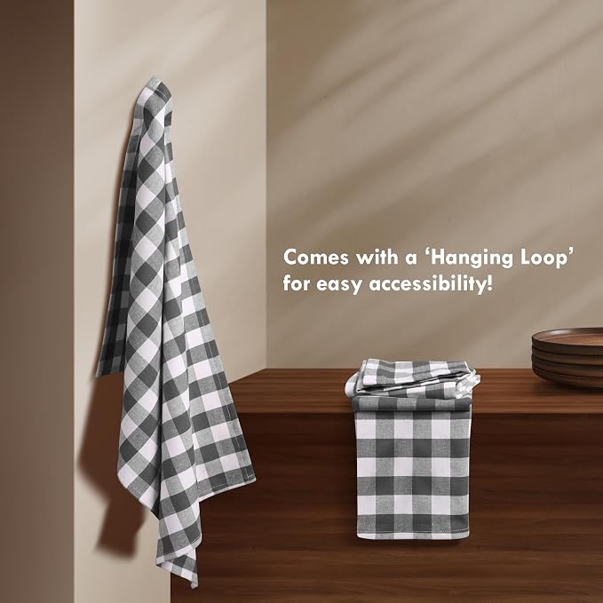 Gingham Checked Kitchen Towels 12 Pack, 18"x26", 100% Cotton, Absorbent Dish Towel for Kitchen Drying, Reusable Dishcloths Set for Cleaning, Quick Dry Wash Rags - Grey, White