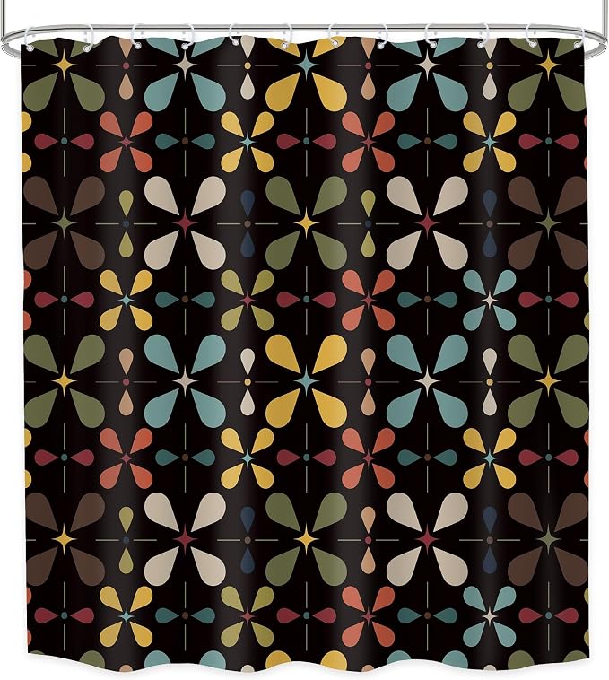 Black Boho Mid Century Shower Curtain Bathroom Set 71Wx71H Inches Colourful Vintage Modern Abstract Retro Chic Geometric Women Men Bath Accessories Bohemian Art Home Decor Fabric 12 Pack Hooks