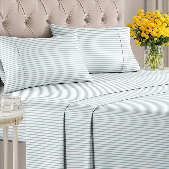 Striped Sheets - Blue & White Striped Sheets - 1 Flat & 1 Fitted & 2 Pillowcases w/ Deep Pockets – Wrinkle & Fade Free - Soft, Breathable and Cooling - Luxury Pinstripe Bedding - Queen Size Bed Set